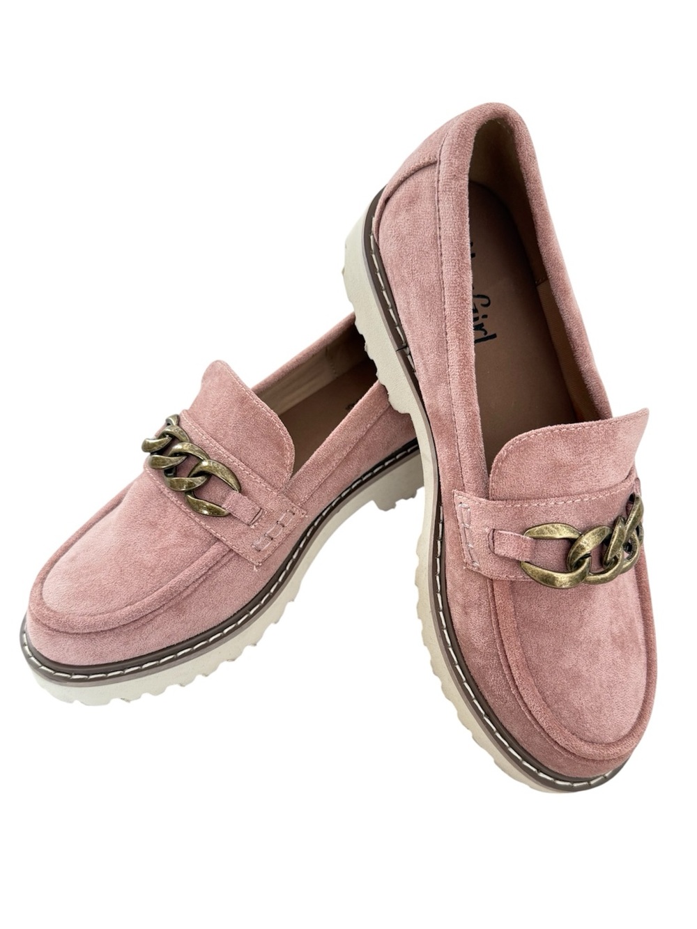 NWOB Hey Girl By Corkys Blush Pink Literally Loafer Faux Suede Chain Detail Sz 8
